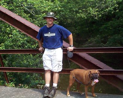 Chris and Biscuit on the bridge