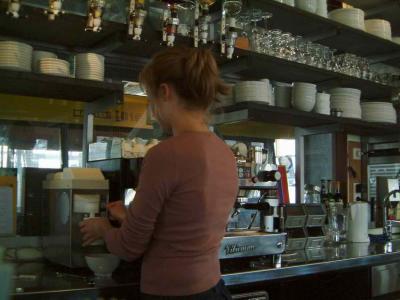 Preparing a coffe for one of the skippers of the water taxis