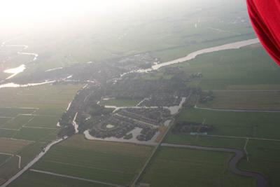 Aerial view (balloon) of IJlst. river left is Wijddraai, bottom left is Ee, right is river Geeuw