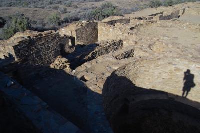 Looking down on a Kiva and some other structural elements at Pueblo Bonito in Chaco Canyon National Park.

I always have like shadows...