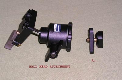 The piece on the left ( A. ) which is normally threaded to the bottom of the centre column for storage, is secured to the top of tripod. the head attachment is then secured to it (A. ).

By Paul Auclair