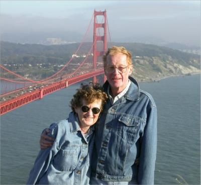 Nancy & Jerry in their golden years in front of the Golden Bridge