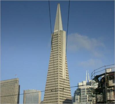 Transamerica Bank building is held up by wires -- like our economy