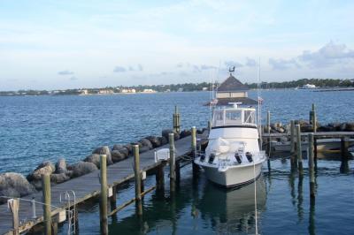 A view at the Paradise Harbor Club Marina and of Nassau across the bay, from the Bar Harbor Resort restaurant