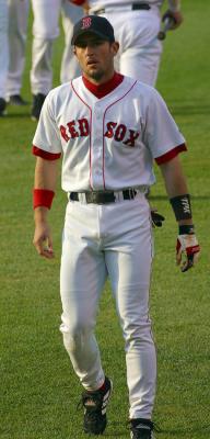 Nomar Garciaparra in the outfield warming up before the start of the game.