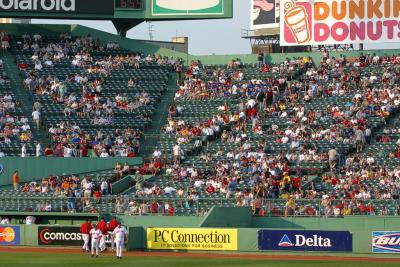 The right field stands and bullpen area in Fenway Park in Boston.
