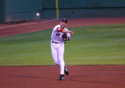 Nomar Garciaparra making the throw from short on a ground ball.