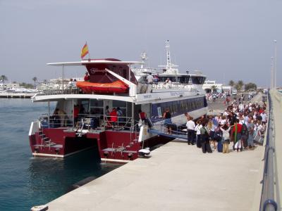 Holidaymakers boarding Cala Saona at La Savina for the return crossing to Ibiza