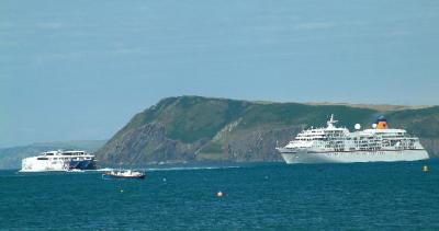 Cruise Liner and Ferry against Dinas Head