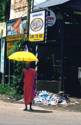 Monk with yellow umbrella