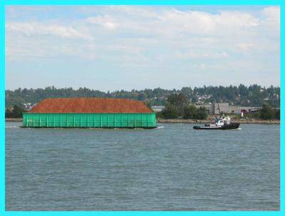 Loaded chip barge under tow.