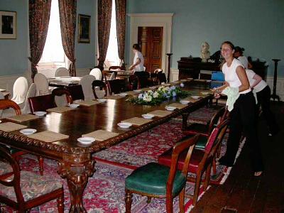 Dinner setting: 24 seat oak table built in the Dining Room in 1897 & never moved.