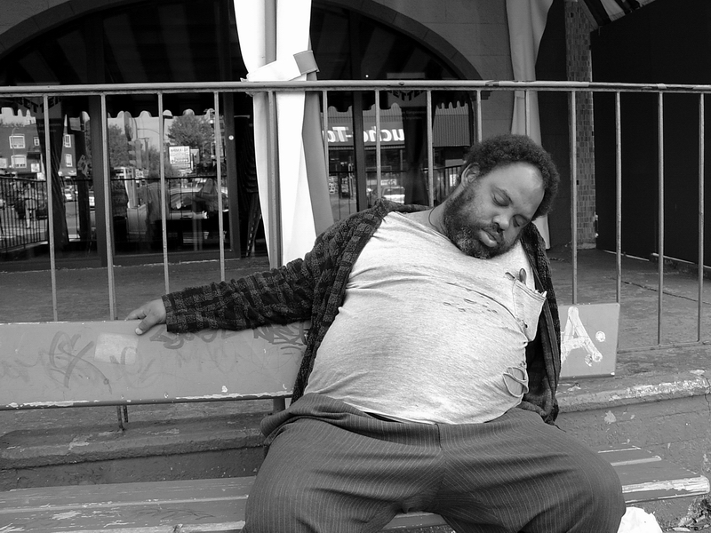 <p align=center><b> Homeless Man Sleeping on a Bench I *</b> <br> <font size=1> by Nicolas St-Pierre </font></p>