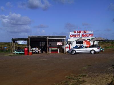 We eat shrimp from a shrimp truck