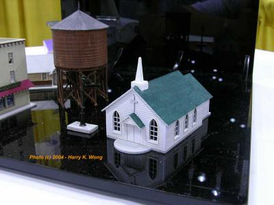Sunrise Enterprises N: New N scale Church with Stained Glass (!!) & WP Water Tower. All lasercut precision construction.
