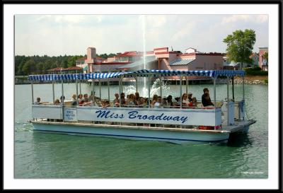 The water taxi, Miss Broadway, that crosses the lagoon at Broadway at the Beach in Myrtle Beach, South Carolina. The taxi is free.