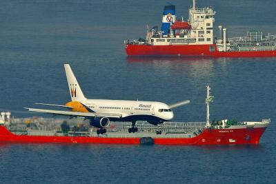 Monarch 757 lands at Gibraltar.