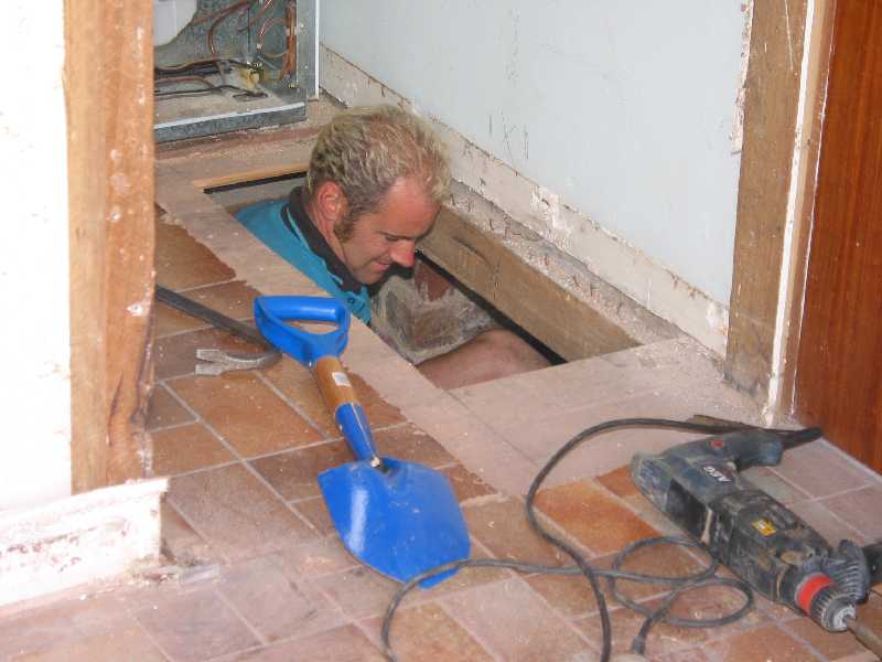 Brice digs a new stump hole by going through the floor