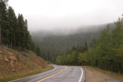 Mountain road in fog.