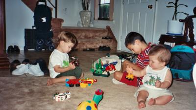 Ben, Brandon, and Preston playing at Tita Baby's and Tita DingDong's House