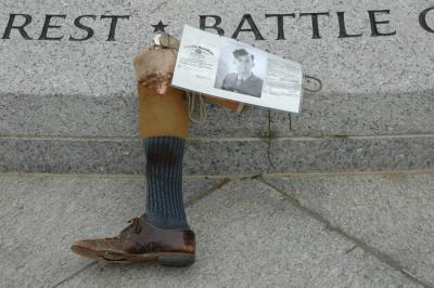 Someone left this well used artificial leg, along with the service record of a veteran
