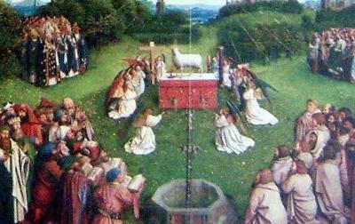 Famous (copy of) tryptique by Jan van Eijck, central bottom part, the adoration of the holy Lamb