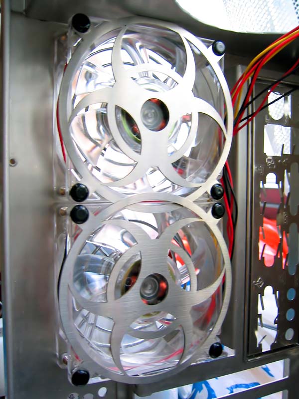 Dual biohazard laser fan grills. Top grill need some filing cos its too close to the PSU plating