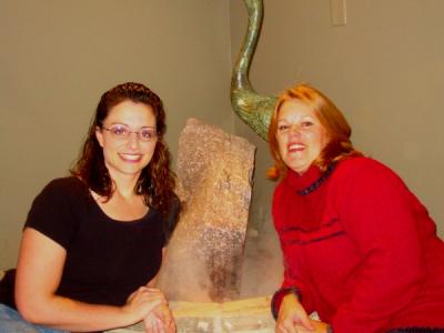 Kim & Pamela pose next to a steamy stork - SPA DAY!!