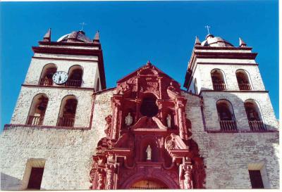 A close look to the towers of  the cathedral of Huancavelica