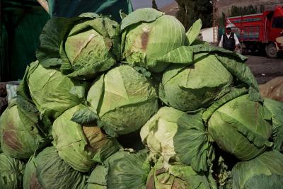 Really huge cabbages; art truck in background (all Turkish trucks are art trucks)
