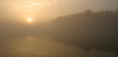 Foggy sun rise over Rockwood Lake, II