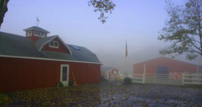 Red barn in the moring mist