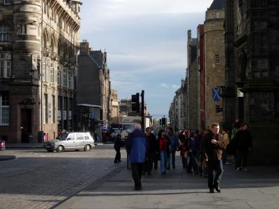 The Royal Mile, looking towards Holyrood Palace and the firth.