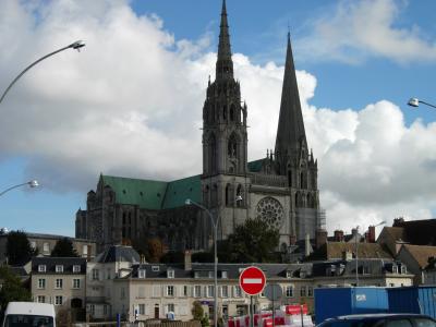The famous asymmetrical towers of Chartres Cathedral.