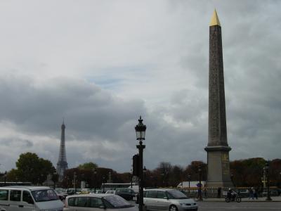 The obelisk of Place de la Concorde, with the Eiffel Tower in the background.