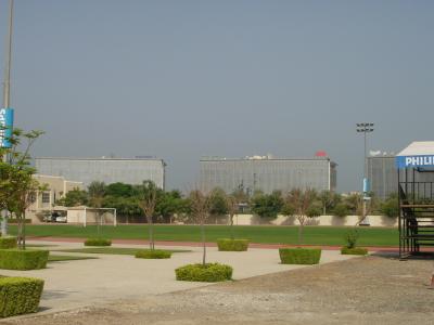 The football pitch, brought to you by Philips, and Dubai Media City in the background