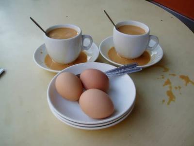 Soft-boiled eggs, milk tea. My favourite breakfast.