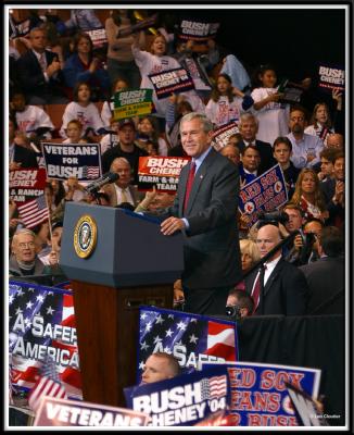 President George W. Bush speaking at a Republican Rally at the Verizon Center in Manchester, NH, October 29, 2004.