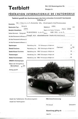 1970 Porsche 914-6 FIA / CSI Homologation Documents (German) 14 Pages