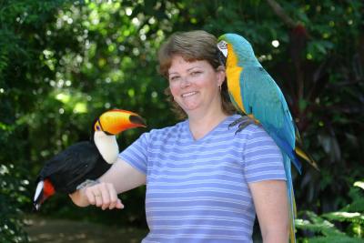 Angela with Toucan (Otto) & Macaw (Sheila)