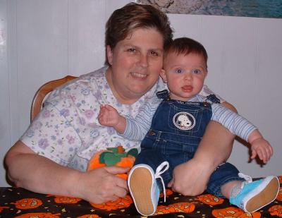 Grammy and Max in snoopy overalls