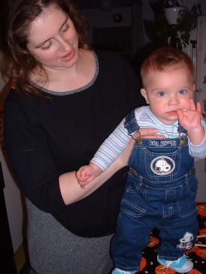 Mommy and Max in Snoopy overalls