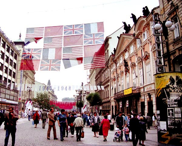 Banners commemorating 1945-1948 and the flags of the WWII victors, Prague, 1990