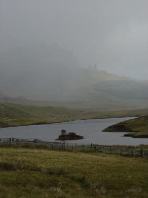 Can be seen in the Highland fog in the background.  The Old Man is 185 feet and is shaped like a willow leaf.