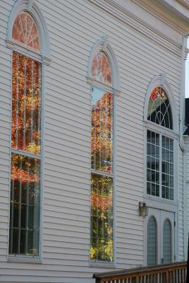 Foliage reflected in church windows, Wiscasset