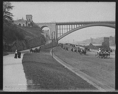 Harlem Speedway, ground level, on the west bank of the Harlem River, looking north