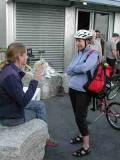 Veteran folder rider Trudy Hutter (with helmet) and a friend...