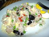 rice, tuna, olive, pea and fontina cheese salad with dutch mayonnaise