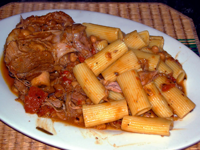 lamb shank in tomato - cannellini bean sauce with rigatoni