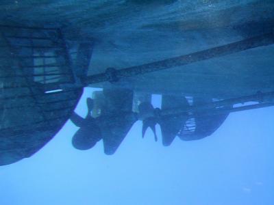 View from sub of propellors of shuttle boat